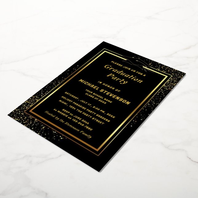 Gold Foil Glitter Black Graduation Invitation (Rotated)
