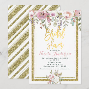 Gold Foil Glitter Modern Pink Floral Bridal Shower Invitation