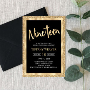 Gold Foil Glitter Nineteen 19th Birthday Invitation