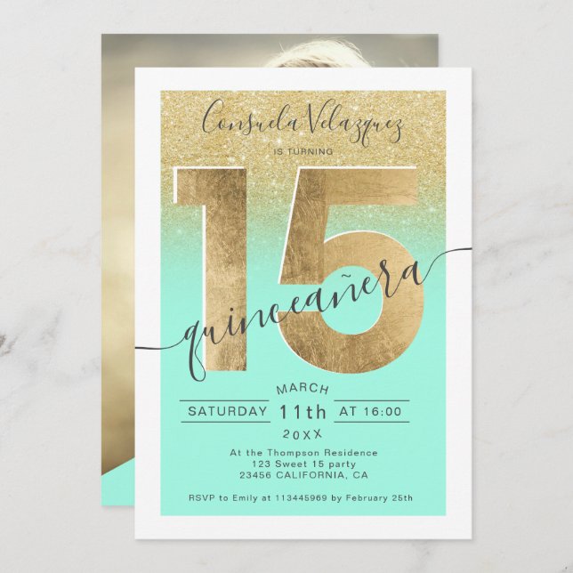 gold foil glitter script mint quinceanera photo invitation (Front/Back)