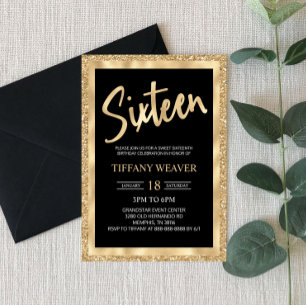 Gold Foil Glitter Sixteen 16th Birthday Invitation