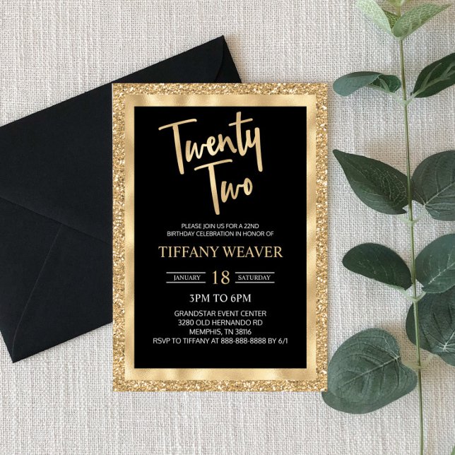 Gold Foil Glitter Twenty Two 22nd Birthday Invitation (Creator Uploaded)