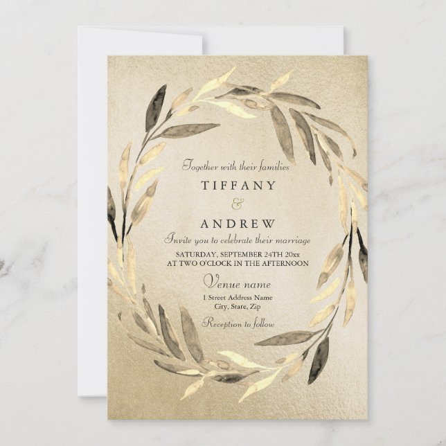 Gold Foil Golden Leaf Wreath Wedding Invitation (Front)