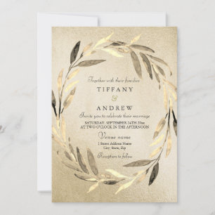 Gold Foil Golden Leaf Wreath Wedding Invitation