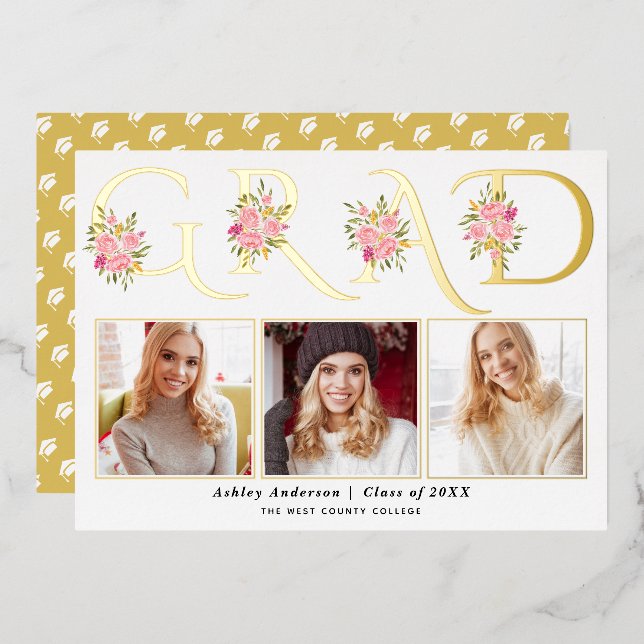Gold foil GRAD roses photo graduation announcement (Front/Back)