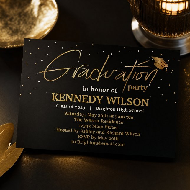   Gold foil Graduation Party Invitation Black (#goldgraduation #graduationparty #graduationideas #elegantgraduation #goldengraduation $blackgold)