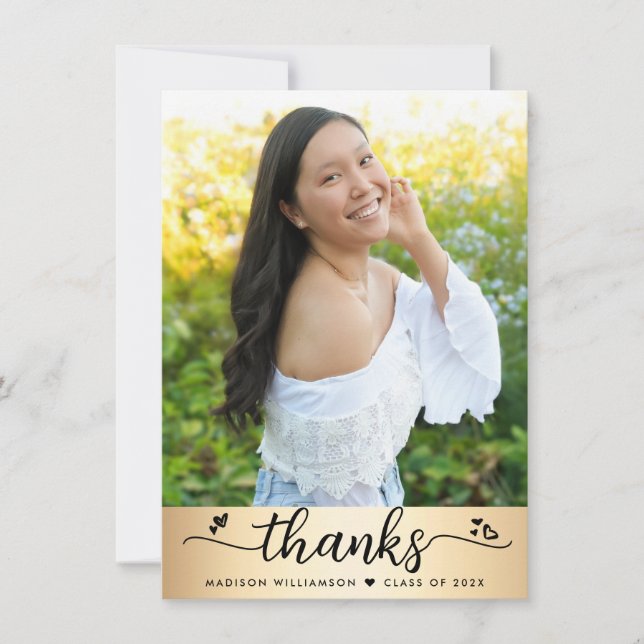 Gold Foil Graduation Photo Modern Script Hearts Thank You Card (Front)