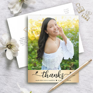 Gold Foil Graduation Photo Script Hearts Thank You Postcard