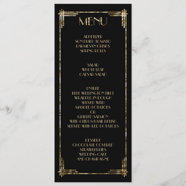 Gold Foil Great Gatsby Art Deco Wedding Menu Black (Front)