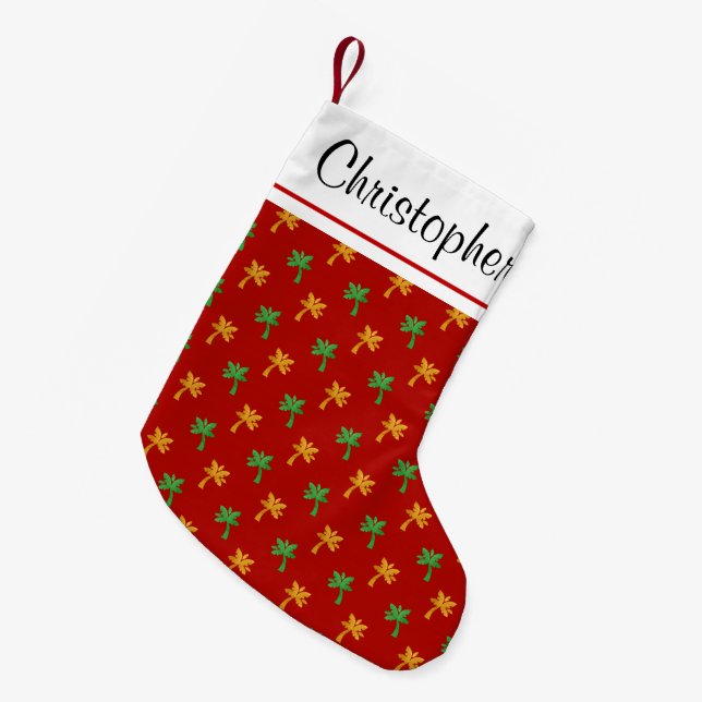 Gold Foil Green and Red Palm Trees Monogram Small Christmas Stocking (Front (Hanging))
