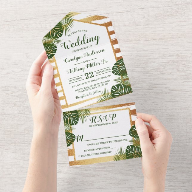 Gold Foil & Green Palm Leaf Beach Wedding All In One Invitation (Tearaway)