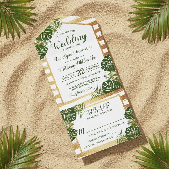 Gold Foil & Green Palm Leaf Beach Wedding All In One Invitation (Creator Uploaded)