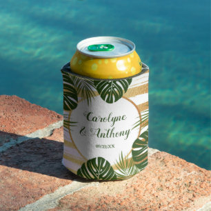 Gold Foil & Green Palm Leaf Beach Wedding Can Cooler