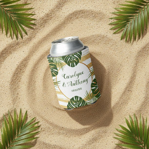 Gold Foil & Green Palm Leaf Beach Wedding Can Cooler