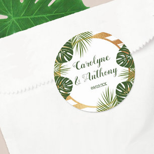 Gold Foil & Green Palm Leaf Beach Wedding Classic Round Sticker