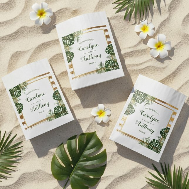 Gold Foil & Green Palm Leaf Beach Wedding Favour Bags (Creator Uploaded)