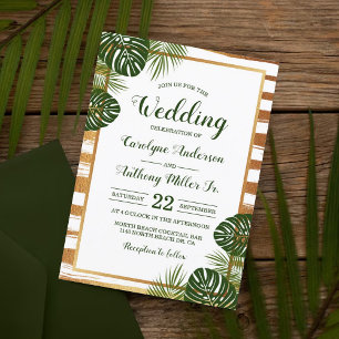 Gold Foil & Green Palm Leaf Beach Wedding Invitation