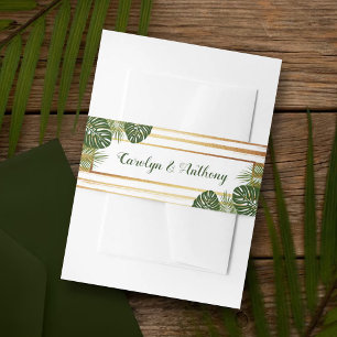 Gold Foil & Green Palm Leaf Beach Wedding Invitation Belly Band