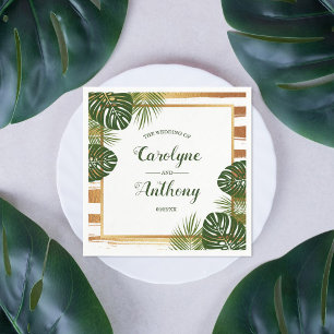 Gold Foil & Green Palm Leaf Beach Wedding Napkin