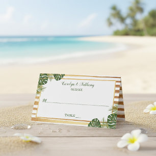 Gold Foil & Green Palm Leaf Beach Wedding Place Card