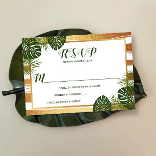 Gold Foil & Green Palm Leaf Beach Wedding RSVP Card