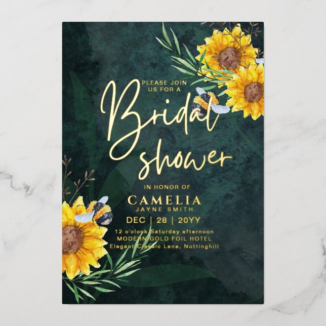 GOLD FOIL Green Sunflowers BRIDAL SHOWER QR Code (Front)
