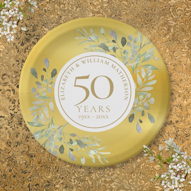 Gold Foil Greenery 50th Wedding Anniversary Paper Plate (Gold Foil Greenery 50th Wedding Anniversary Paper Plates)