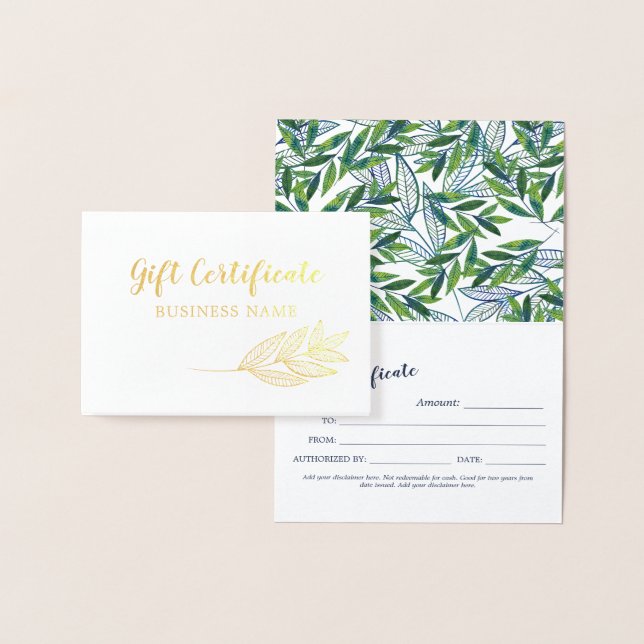 Gold Foil Greenery Calligraphy Gift Certificate Card (Display)