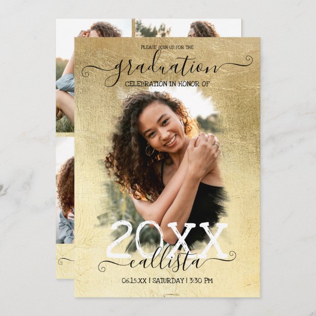 Gold Foil Halo Photo Collage Graduation Invitation (Front/Back)