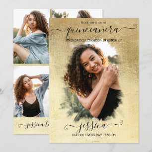 Gold Foil Halo Photo Collage Quinceañera Invitation
