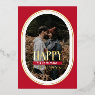 Gold Foil Happy Holidays Red Oval Frame Photo Card
