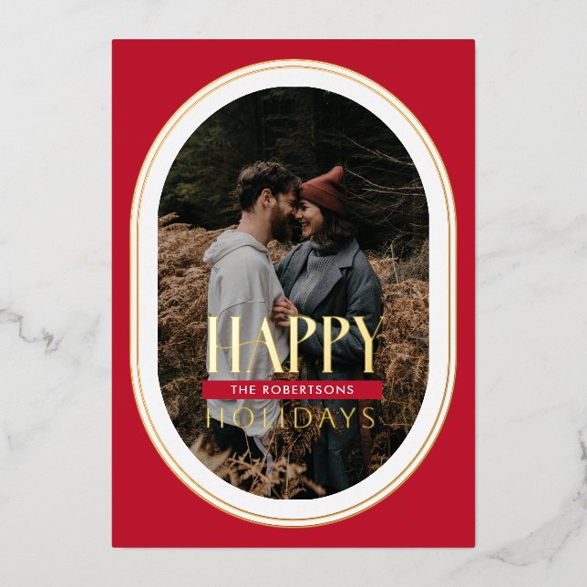 Gold Foil Happy Holidays Red Oval Frame Photo Card (Front)
