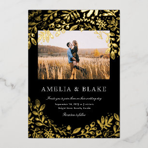 Gold Foil Harvest Flowers Photo Wedding Invitation