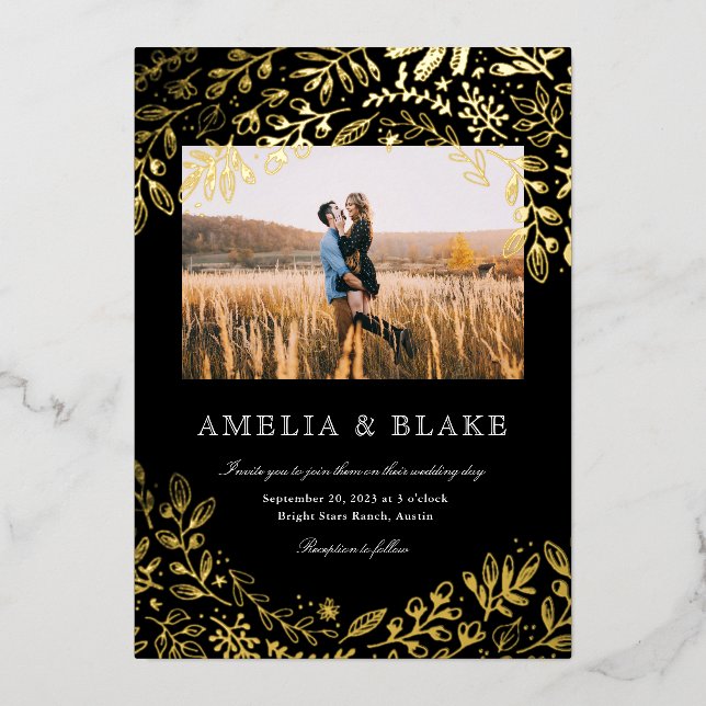Gold Foil Harvest Flowers Photo Wedding Invitation (Front)