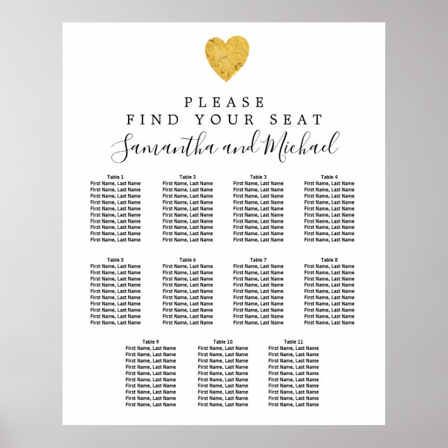 Gold Foil Heart 11-Table Wedding Seating Chart (Front)