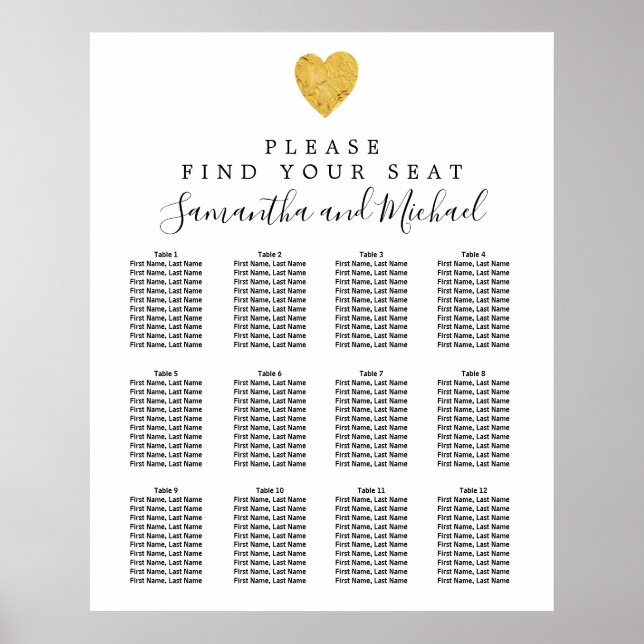 Gold Foil Heart 12-Table Wedding Seating Chart (Front)