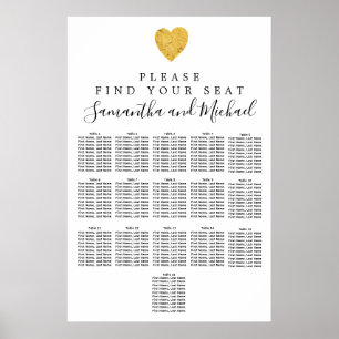 Gold foil Heart 16-Table Wedding Seating Chart