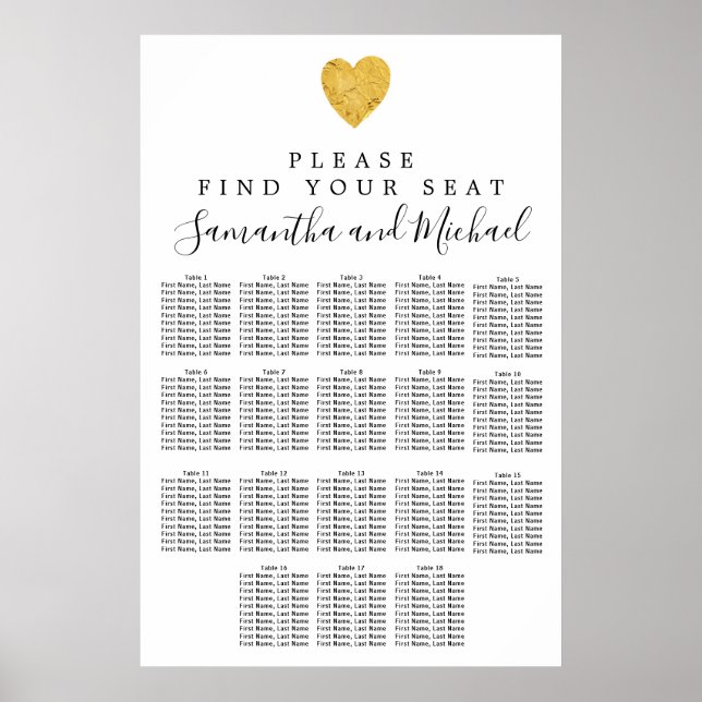 Gold foil Heart 18-Table Wedding Seating Chart (Front)