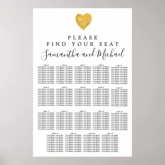 Gold foil Heart 19-Table Wedding Seating Chart (Front)