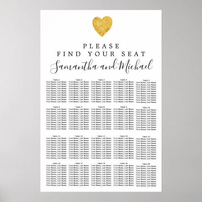 Gold foil Heart 20-Table Wedding Seating Chart (Front)