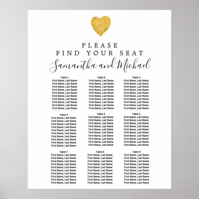 Gold Foil Heart 9-Table Wedding Seating Chart (Front)