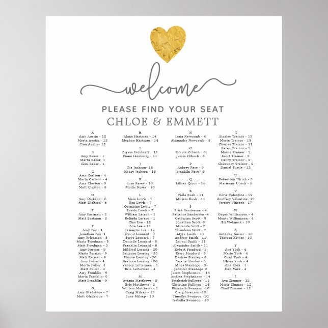 Gold Foil Heart Alphabetical Wedding Seating Chart (Front)