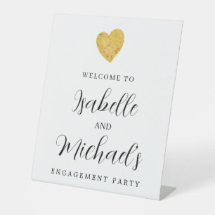 Gold Foil Heart Engagement Party Welcome  Pedestal Sign