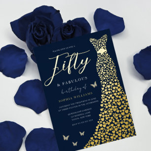 Gold Foil Heart Gown with Navy 50th Birthday Party