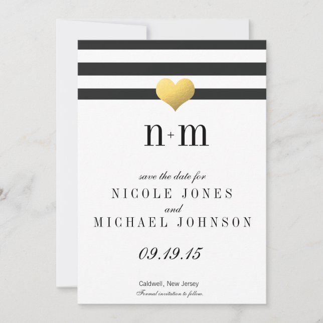 Gold Foil Heart + Stripes Save the Dates Date (Front)