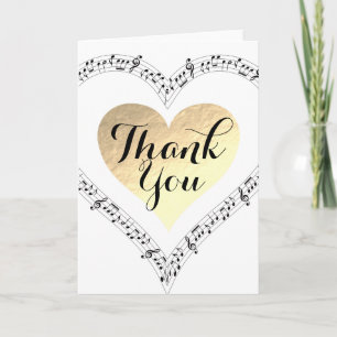Gold foil heart Thank you music Card