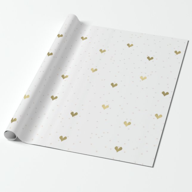 Gold Foil Hearts Dots Wrapping Paper (Unrolled)