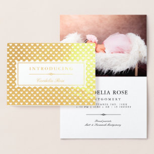 Gold Foil Hearts Introducing Baby Photo Card
