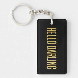 Gold Foil Hello Darling on Black Key Ring