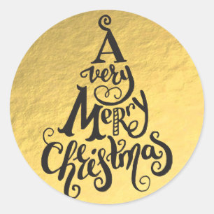 Gold Foil Holiday Christmas Tree MERRY CHRISTMAS Classic Round Sticker